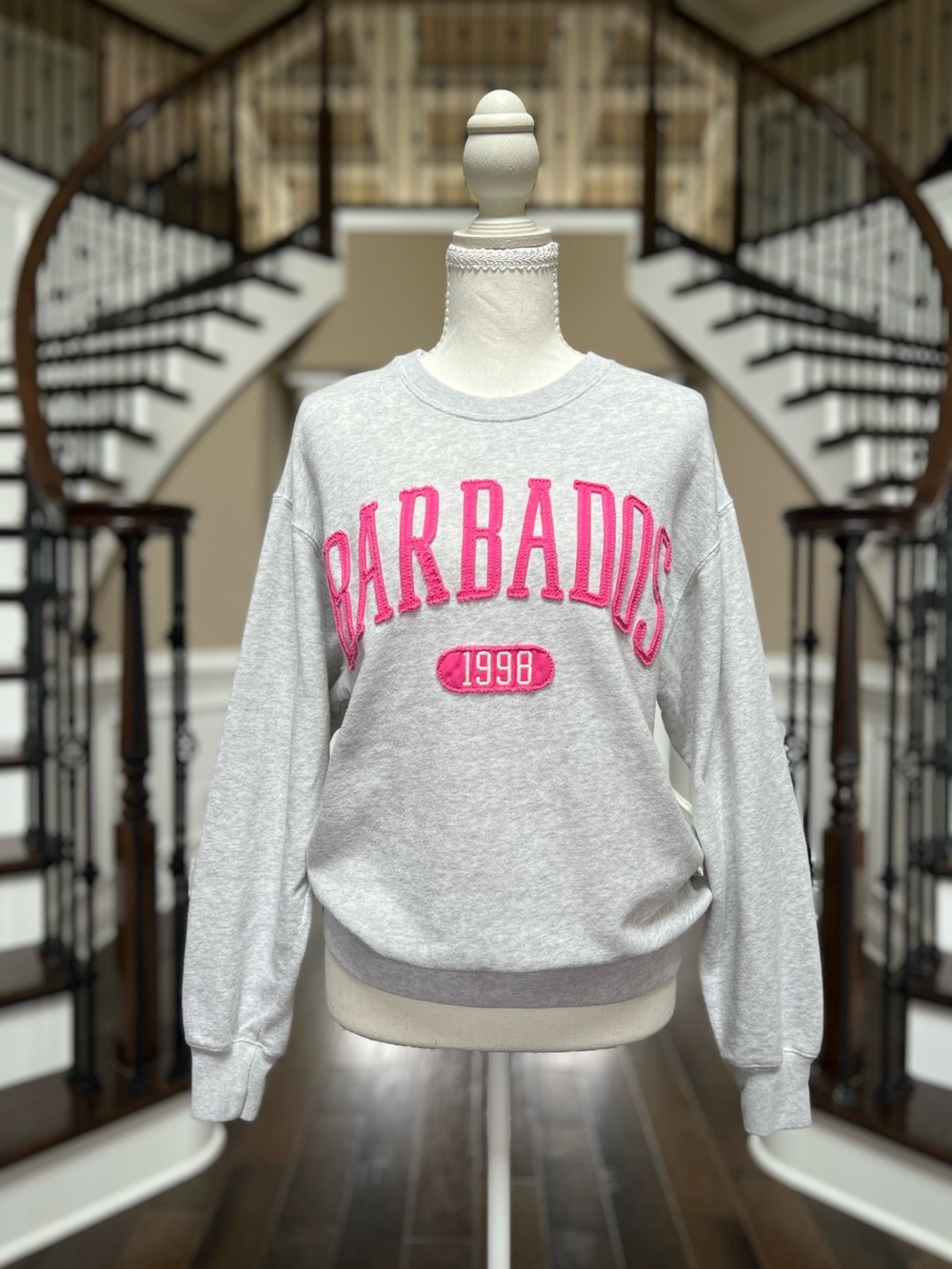 Hollister Women Gray Crewneck Sweatshirt Hot Pink Embroidered BARBADOS 1998 XXS